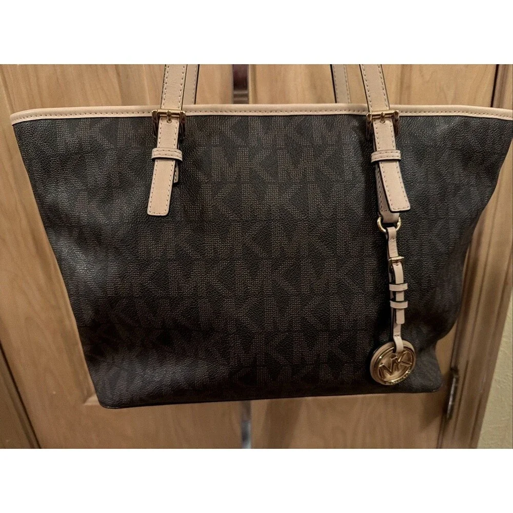 Michael Kors Jet Set Brown Logo Large Tote Gold Hardware.  Bag Charm.Zip Closure